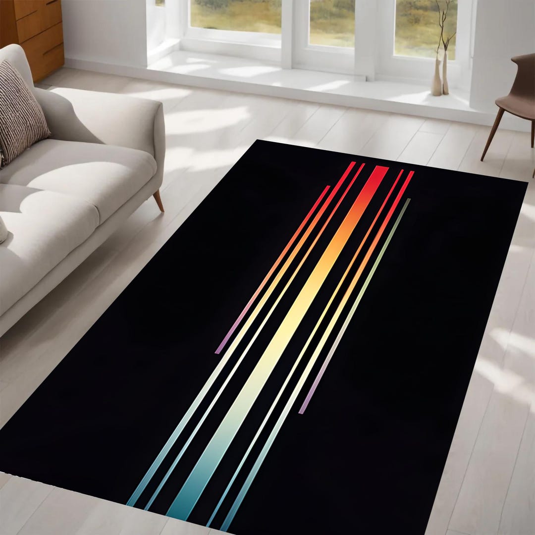 Retro Stripes Rug, Minimalist Gradient Lines, Colorful Horizon on Black ...