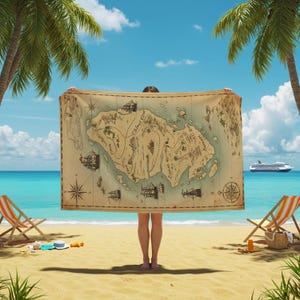 May include: A vintage-style map of a fictional island with the words "Skull Island" printed on it. The map is printed on a beach towel and is being held up by a person on a beach.