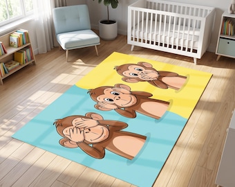 Three Wise Monkeys Kids Room Cartoon Rug, See Hear Speak No Evil Chimp Carpet, Playroom Nursery Floor Mat, Animal Pop Art Decor