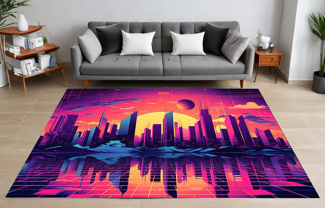 Retro Futuristic Rug, Cityscape Rug, Neon Colors Rug, Sunset Rug ...