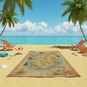 May include: A vintage-style treasure map printed on a brown fabric rug with a compass, the words "Grogge" and "Sampson Bay", and a blue ocean surrounding a brown island.