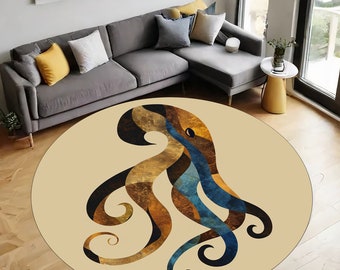Octopus Rug, Abstract Rug, Nautical Art Rug, Coastal Rug, Gift Living Room, Bedroom, Office, Home Decor, Round Rug, Non Slip Rug, Gift