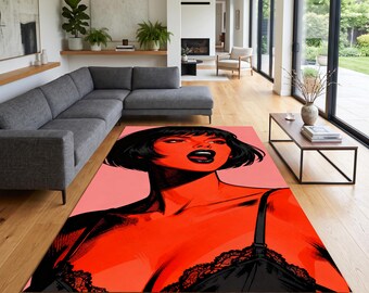 Custom Name Pop Art Area Rug, Personalized Comic Girl Portrait Carpet, Vintage Graphic Woman Bedroom Floor Mat, Red Pink Retro Living Decor