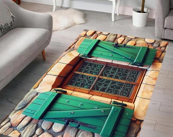Rustic Rug, Medieval Window Rug, Wooden Shutters, Stone Wall Pattern, Charming Rug, Cozy Rug, Home Decor, Living Room, Bedroom, Gift for Her