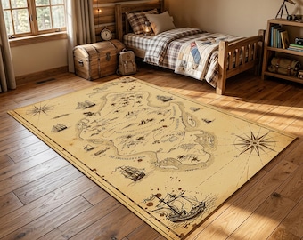 Pirate Treasure Map Rug Vintage Carpet, Old Parchment Adventure Floor Mat, Rustic Kids Bedroom Decor Accent, Antique Nautical Chart Pad