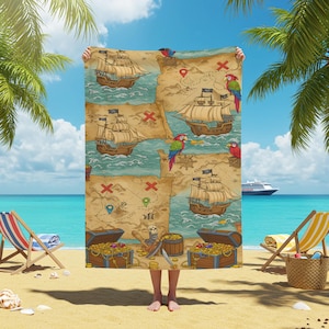Piraten-Schatzkarte Strandtuch, Vintage Nautisches Design, Papagei, Goldmünze Druck, schnell trocknende sandfreie Decke für Strand, Pool, Reisen, Geschenk