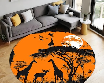 African Rug, Savanna Rug, Sunset Rug, Silhouettes Rug, Wildlife Rug, Animal Rug, Living Room, Bedroom, Round Rug, Non Slip Rug, Gift For Her