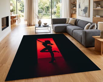 Red Silhouette Woman Area Rug Contemporary Living Room, Moody Noir Rug Bedroom, Edgy Minimalist Graphic Floor Mat, Personalizable Carpet