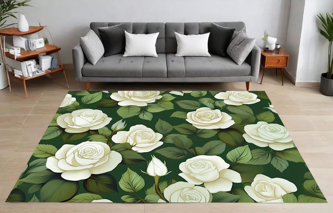 Timeless White Rose Rug, Greenery Rug, Floral Pattern Rug, Nature ...