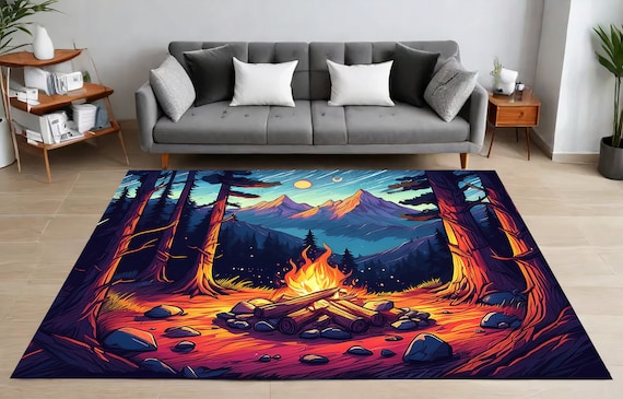 Campfire Forest Rug, Vibrant Mountain Landscape Rug, Warm