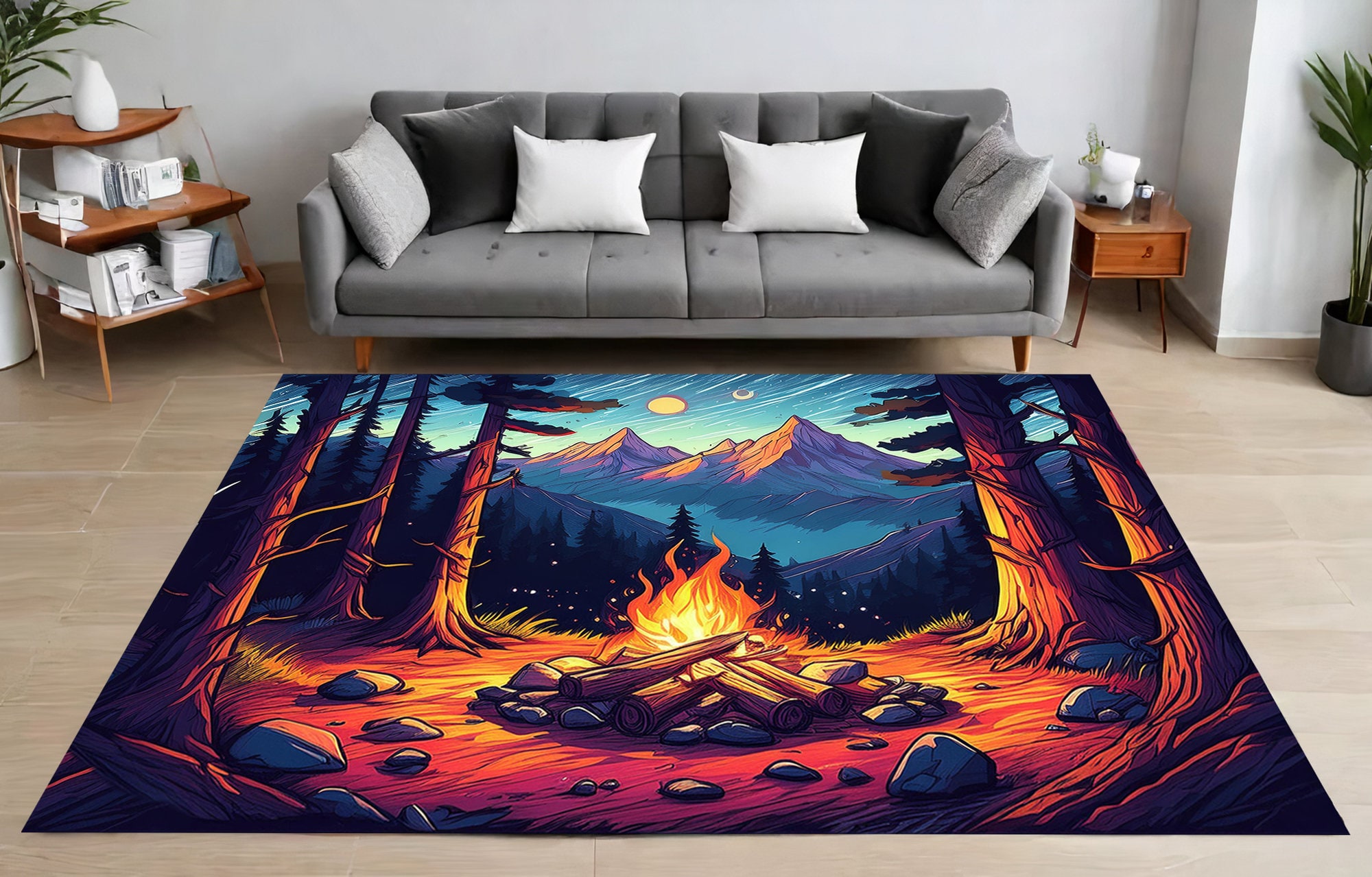 Campfire Forest Rug, Vibrant Mountain Landscape Rug, Warm
