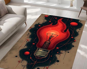 Fiery Space Bulb Rug, Cosmic Light Design, Vintage Steampunk Style, Abstract Flames, Galaxy Decor, Living Room, Bedroom, Gift Idea, for Her