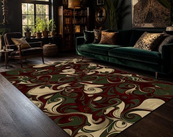 Dark Green Red Marble Swirl Area Rug, Elegant Gothic Abstract Fluid Carpet, Luxury Baroque Living Room Floor Mat, Art Nouveau Decor