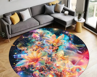 Floral Art Rug, Colorful RUG, Blossoms Rug, Abstract Rug, Living Room, Bedroom, Office, Home Decor, Round Rug, Non Slip Rug, Gift For Her