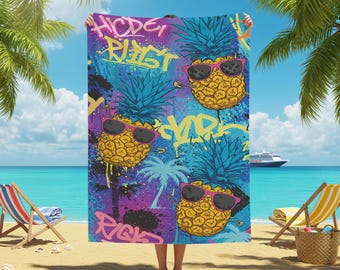 Graffiti Pineapple Beach Towel, Funky Summer Towel, Cool Tropical Design, Urban Art Style, Vibrant Beach Decor, Fun Vacation, Gift for Her