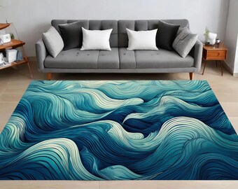 Wave Flow Rug, Abstract Ocean Design, Fluid Water Art, Serene Aqua Tones, Floor Decor, Home Decor, Bedroom, Living Room, Gift for Her, Him
