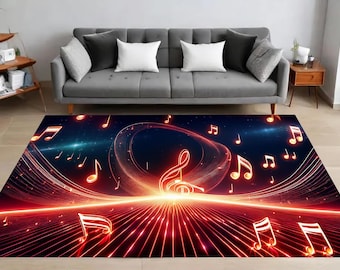 Music Notes Rug, Radiant Waves, Treble Clef Art, Futuristic Night Sky, Sound Flow, Floor Decor, Home Decor, Bedroom, Living Room, Gift Idea