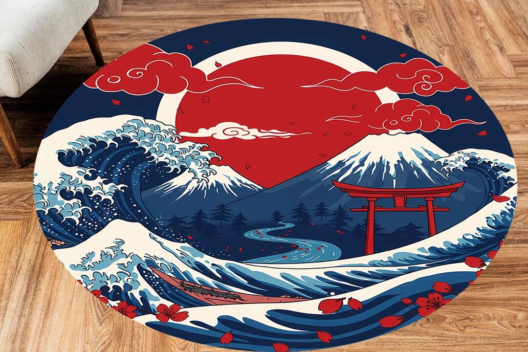 2d Japanese Rug Japanese Art Rug, Great Wave Design, Mt. Fuji, Red Sun, Sakura Blossoms ...