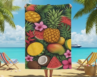 Tropical Fruit Beach Towel, Vibrant Pineapple & Watermelon Print, Exotic Summer Decor, Hawaiian Vacation Gift, Island Vibes Towel, for Her