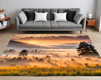 Golden Sunrise Rug, Mountainous Rug, Tranquil Landscape Rug, Soft Misty Tones Rug, Nature Art, Home Decor, Living Room, Bedroom, Gift