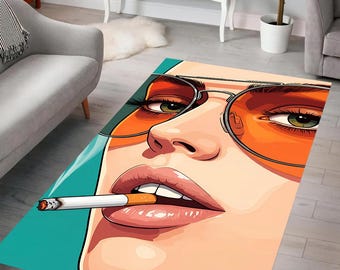Pop Art Portrait Rug, Vibrant Retro Design, Smoky Glamour Look, Bold Nude Tones, Fashion Statement, Living Room, Bedroom, Gift Idea, for Her