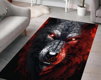 Fierce Wolf Rug, Fiery Glow, Dark Charcoal Fur, Intense Eyes, Wild Spirit Art, Bold Design, Modern Decor, Living Room, Bedroom, Gift Idea