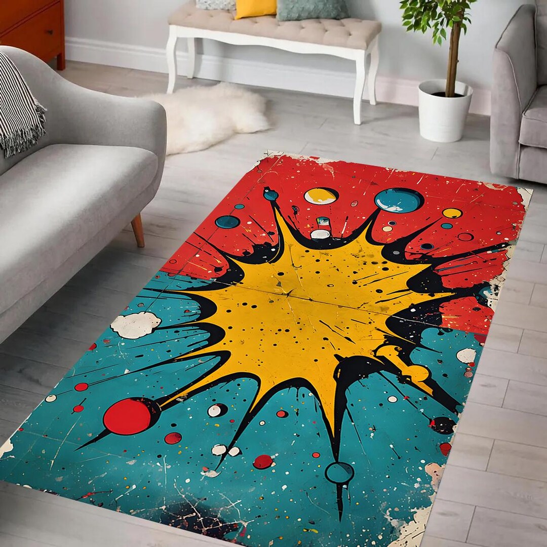 Retro Pop Art Explosion Rug, Vibrant Abstract Design, Bold Blast, Comic ...