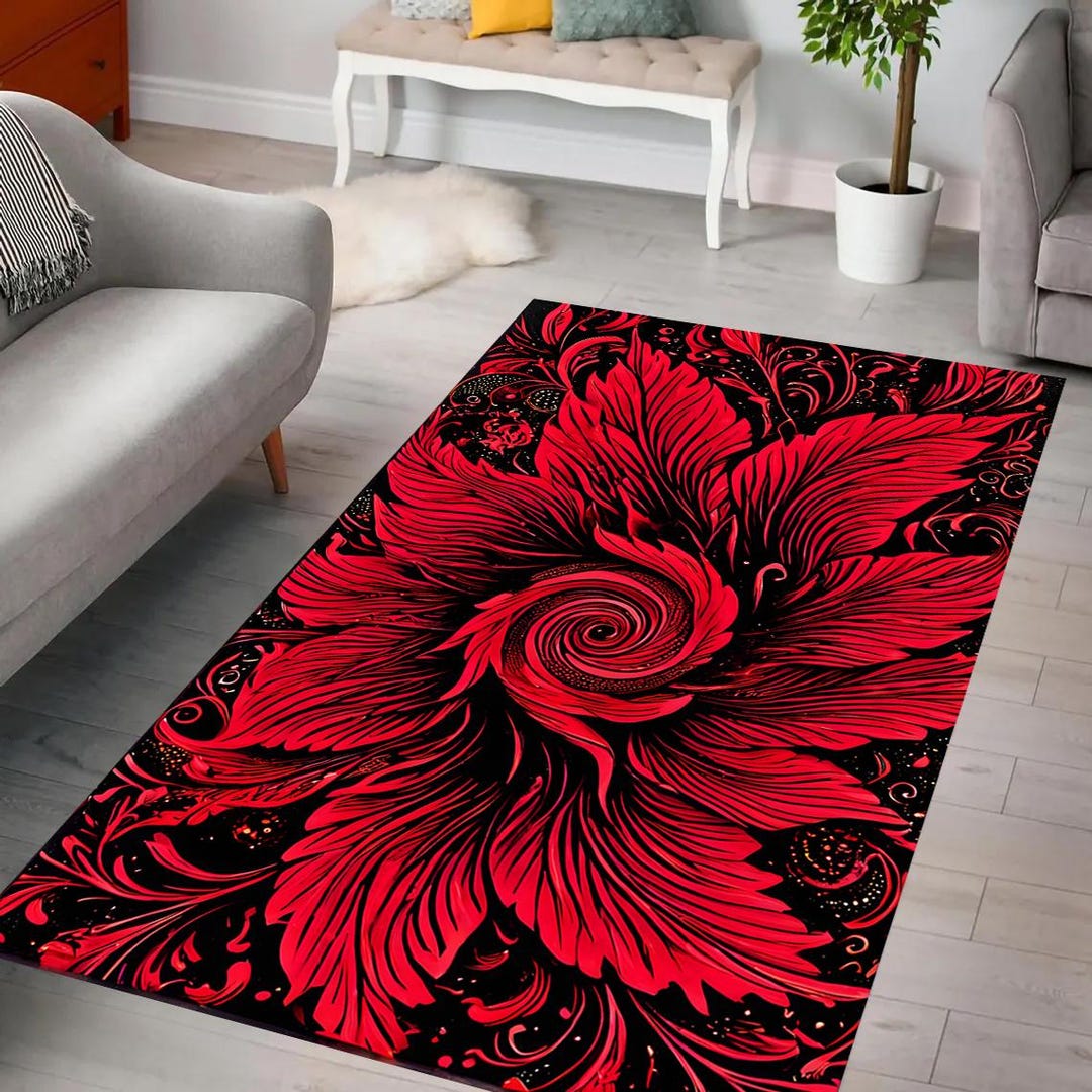 Red Abstract Boho Rug Red Floral Swirl Rug, Abstract Rug, Botanical Art, Bold Home Accent ...