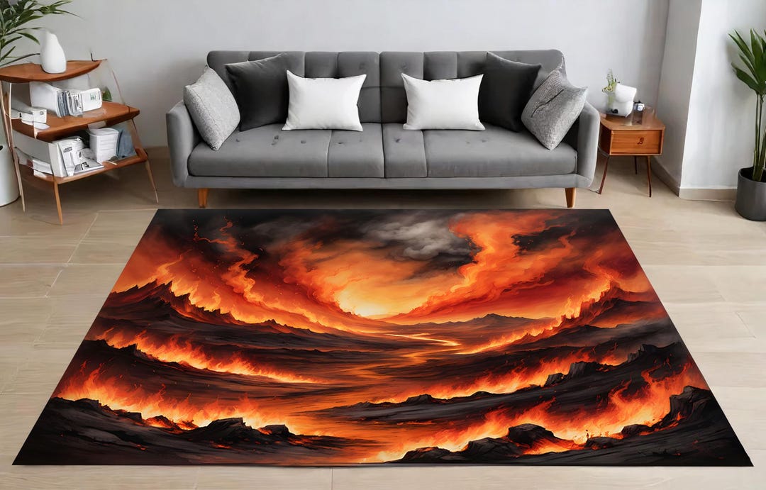 Balcanic Rug Volcanic Inferno Rug, Fiery Landscape Rug, Dramatic Flames Rug, Dark ...