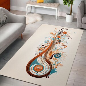 Puede incluir: Alfombra rectangular con una ilustración estilizada de un instrumento de cuerda. El diseño incorpora tonos marrones, naranjas y turquesas, con elementos florales y abstractos arremolinados sobre un fondo crema. Adecuado para una sala de estar.