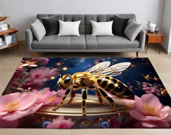 May include: A close-up of a bee with yellow and black stripes, perched on a pink flower. The bee is surrounded by pink flowers and a blue background with sparkling lights.