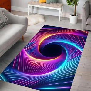 May include: Abstract rug with a swirling pattern of neon pink, blue, and yellow lines on a dark blue background.