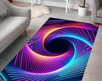 May include: Abstract rug with a swirling pattern of neon pink, blue, and yellow lines on a dark blue background.