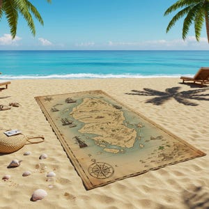 May include: A vintage-style map of an island with a compass in the bottom right corner. The map is printed on a beige beach towel with a blue and green colour scheme. The towel is laid out on a sandy beach with palm trees and blue water in the background.