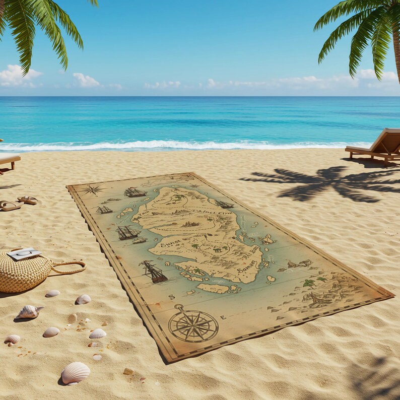 May include: A vintage-style map of an island with a compass in the bottom right corner. The map is printed on a beige beach towel with a blue and green colour scheme. The towel is laid out on a sandy beach with palm trees and blue water in the background.