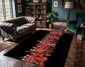 Skeleton Danse Macabre Area Rug Gothic, Medieval Death Dance Carpet, Red Black Dorm Floor Mat, Renaissance Occult Lounge Decor Accent