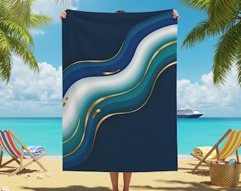 Luxury Abstract Beach Towel, Navy Blue Gold Wave Design, Sand-Free Quick Dry Blanket for Beach, Pool, Picnic, Outdoor Travel, Gıft for Her