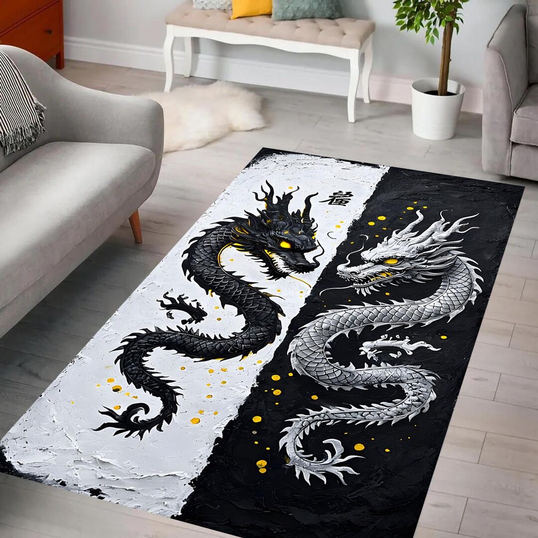 Yin Yang Dragon Rug, Mythical Art, Intricate Dual Dragon Design, Asian ...