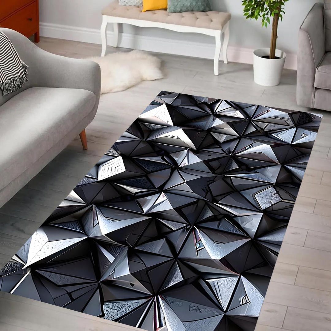 Futuristic Geometric Rug, Metallic 3D Tessellation, Triangular Patterns ...
