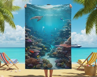 Underwater Coral Reef Beach Towel, Vibrant Marine Life Design, Sea Turtle Towel, Tropical Fish, Ocean Lovers Gift, Summer Beach Decor