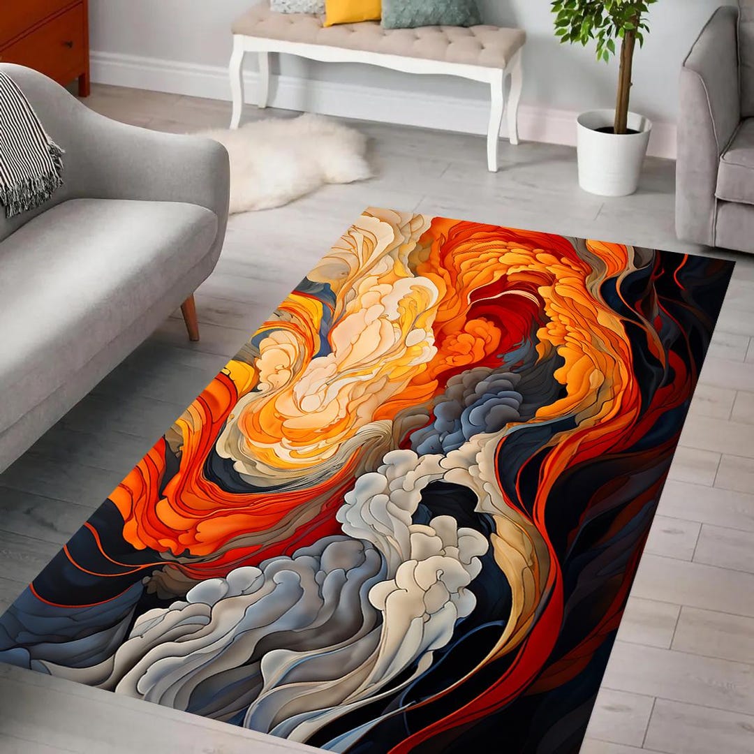 Abstract Swirl Rug, Vivid Flowing Clouds Design, Warm Sunset Tones ...