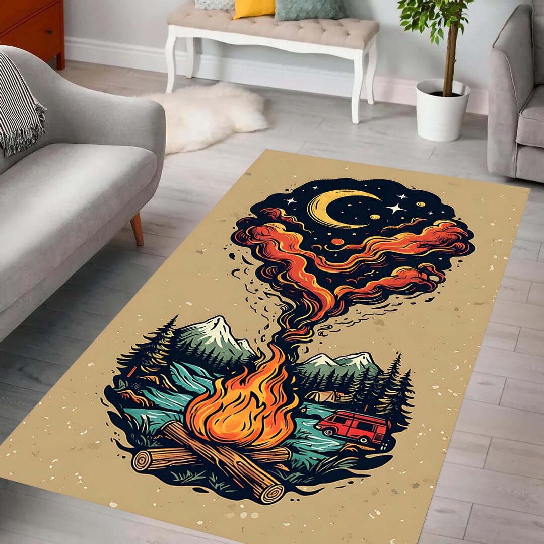 Camping Bonfire Rug, Whimsical Nature Design, Fire, Forest, Starry Sky ...