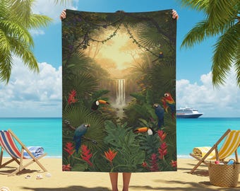 Tropical Rainforest Beach Towel, Exotic Jungle Towel with Waterfall, Colorful Birds, Nature-Inspired Luxury, Gift Idea, for Her, for Him