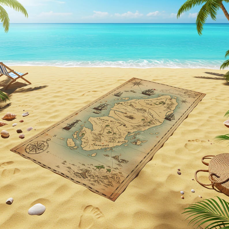 May include: A vintage-style treasure map beach towel with a brown background and blue water features. The map includes the names of islands, such as "Sunset Point", "Hi Bay", and "Samoan".