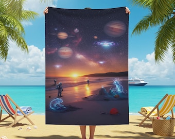 Futuristic Galaxy Beach Towel, Sci-Fi Astronaut, Alien Art, Cosmic Sunset, Outer Space Planets, Fantasy Ocean Decor, Unique Gift Idea