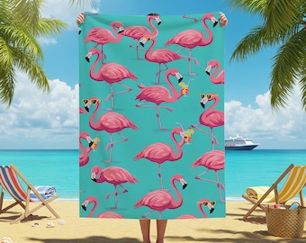 Pink Flamingo Beach Towel, Fun Tropical Print, Summer Vacation Beach Towel, Poolside Party Towel, Exotic Decor, Cute Gift Idea, for Her, Him