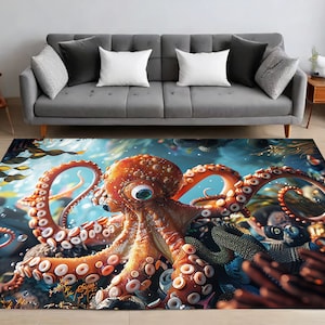 Puede incluir: Una alfombra colorida con un pulpo naranja con grandes ojos azules en el centro. El pulpo está rodeado de coral, algas marinas y otras criaturas marinas. La alfombra tiene un fondo azul con burbujas blancas.
