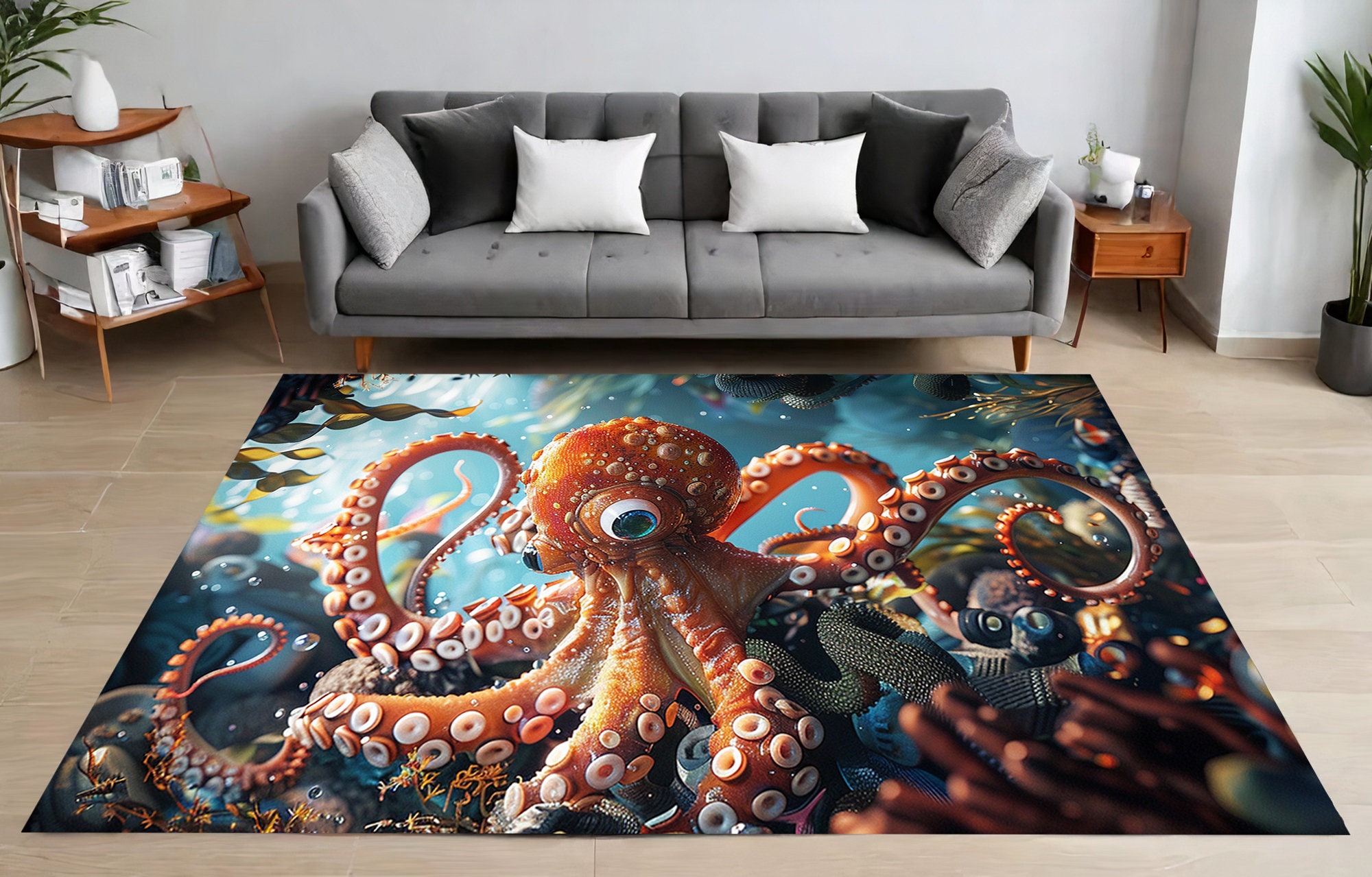 Octopus Channel Rug Octopus Rug, Underwater Scene Rug, Kids Room, Ocean Theme, Octopus ...