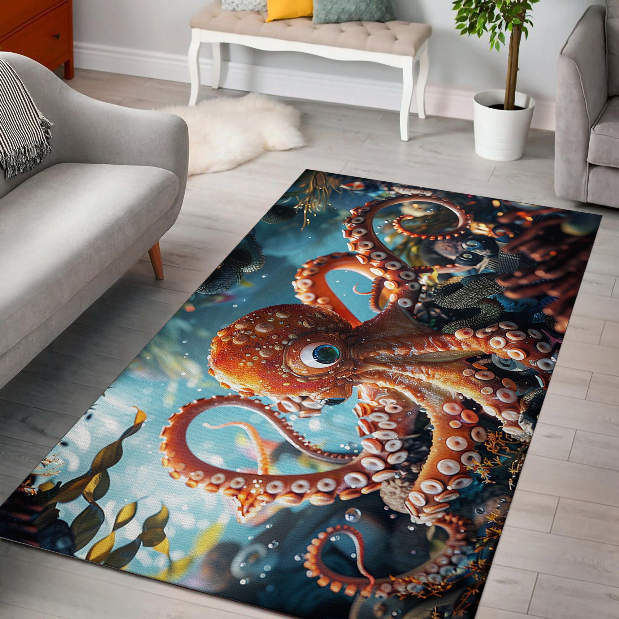 Octopus Channel Rug Octopus Rug, Underwater Scene Rug, Kids Room, Ocean Theme, Octopus ...