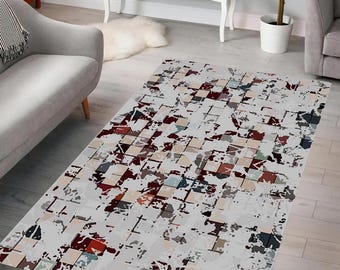 Abstract Rug, Patchwork Rug, Geometric Art Rug, Modern Rug, Distressed Pattern Rug, Home Decor, Living Room, Bedroom, Gift for Her, Him